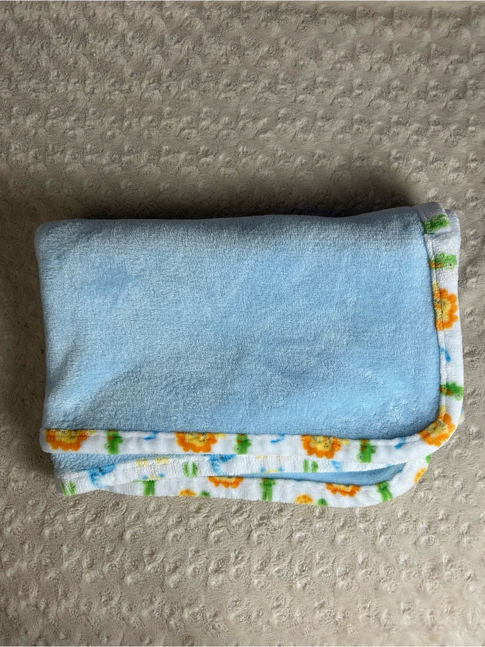Le Bebe Favorite Lion Turtle Alligator Baby Blanket Blue White Edge Trim Orange